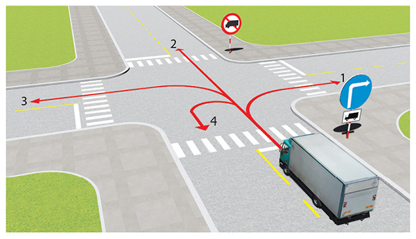 Câu 521: Theo hướng mũi tên, những hướng nào xe tải được phép đi?
