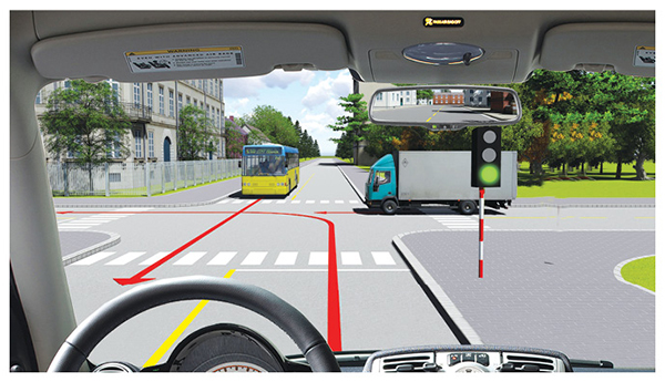 Câu 547: Người lái xe điều khiển xe rẽ trái như thế nào là đúng quy tắc giao thông?